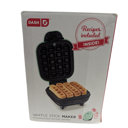Waffle stick maker in packaging with 'Dash' branding and recipe included text.