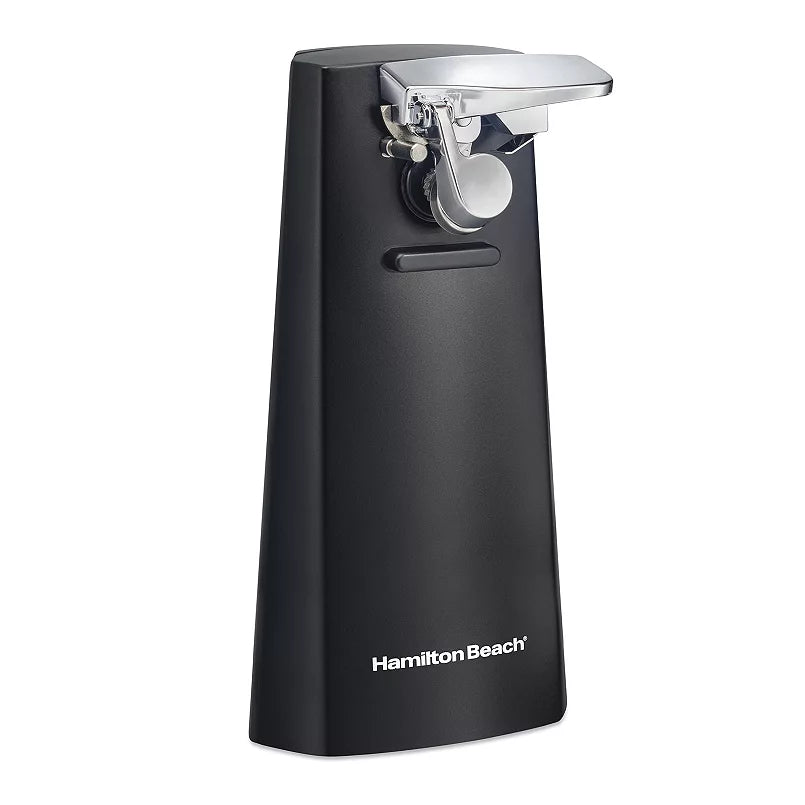 Black can opener with Hamilton Beach branding on a white background