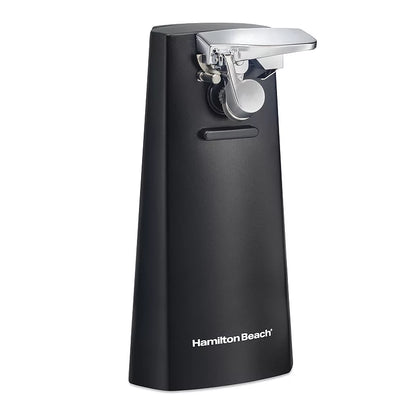 Black can opener with Hamilton Beach branding on a white background