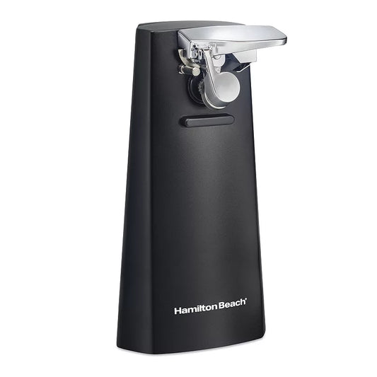 Black can opener with Hamilton Beach branding on a white background