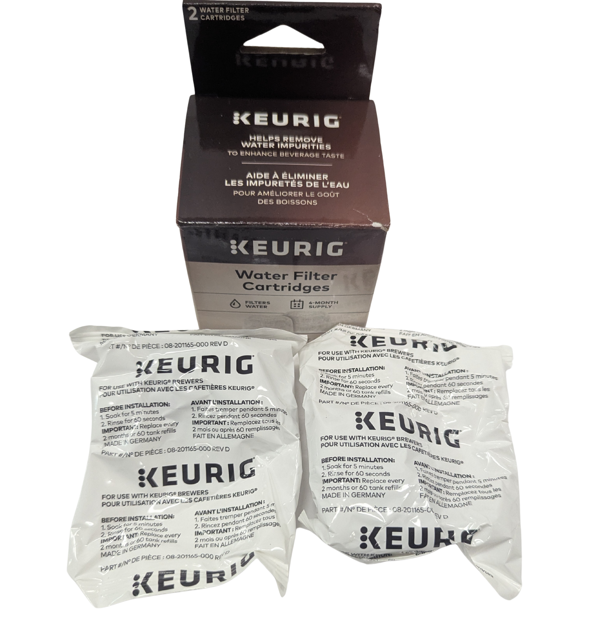 Keurig water filter cartridges with packaging on a white background