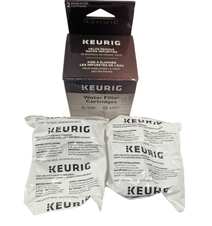 Keurig water filter cartridges with packaging on a white background