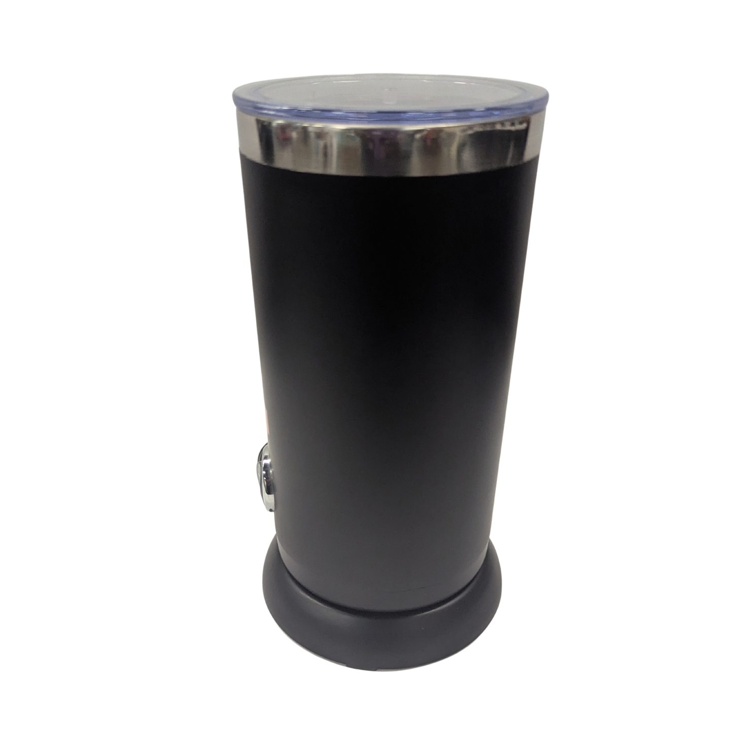 Black cylindrical container with a silver lid on a white background