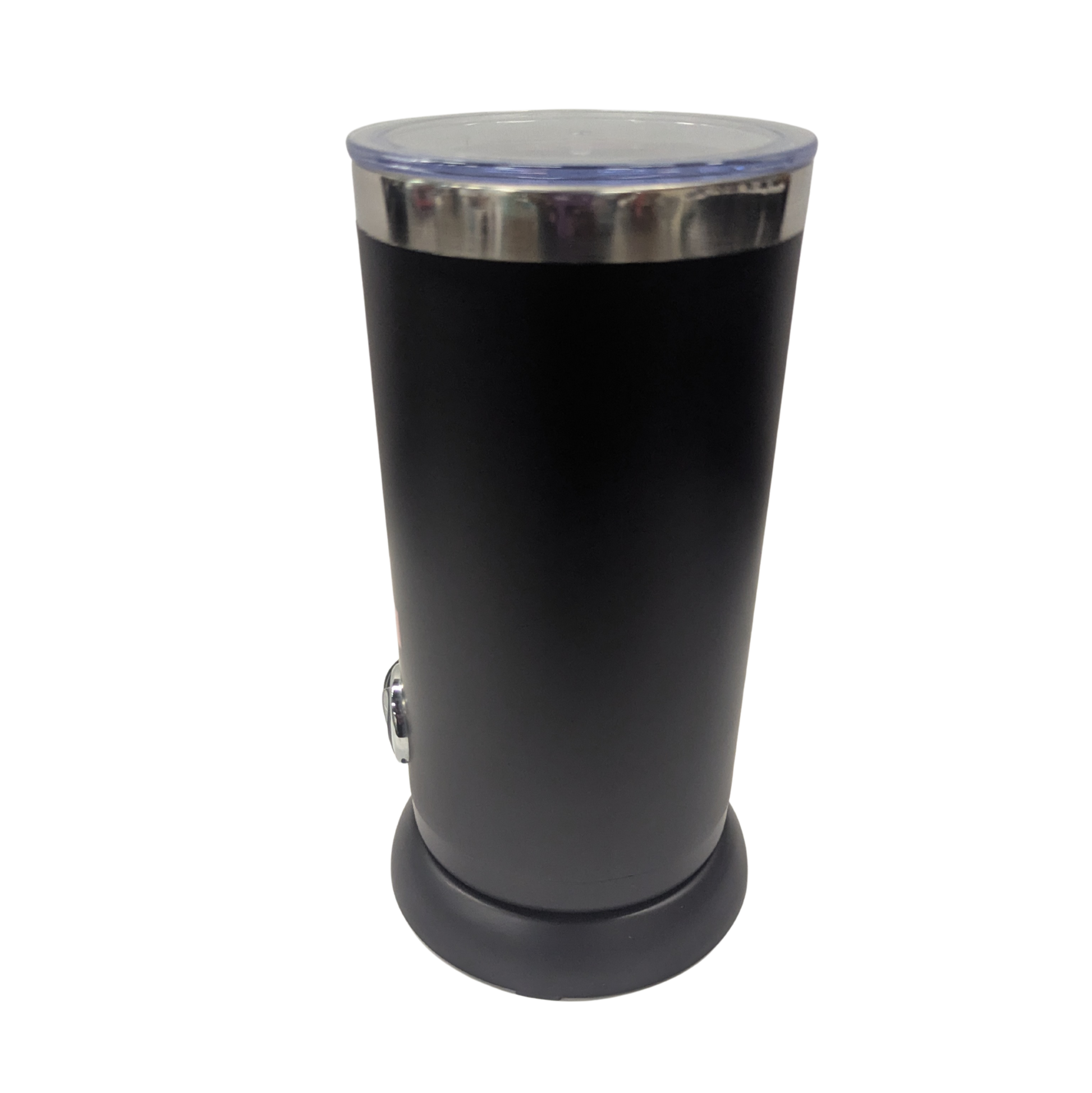 Black cylindrical container with a silver lid on a white background