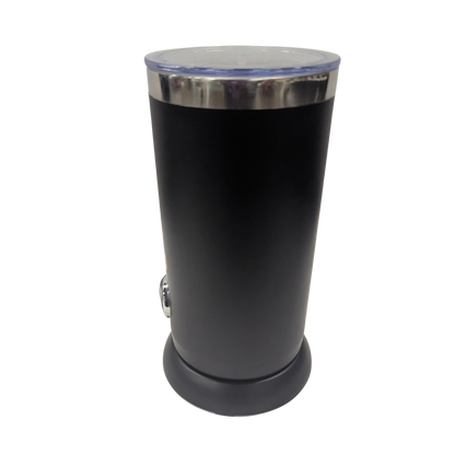 Black cylindrical container with a silver lid on a white background