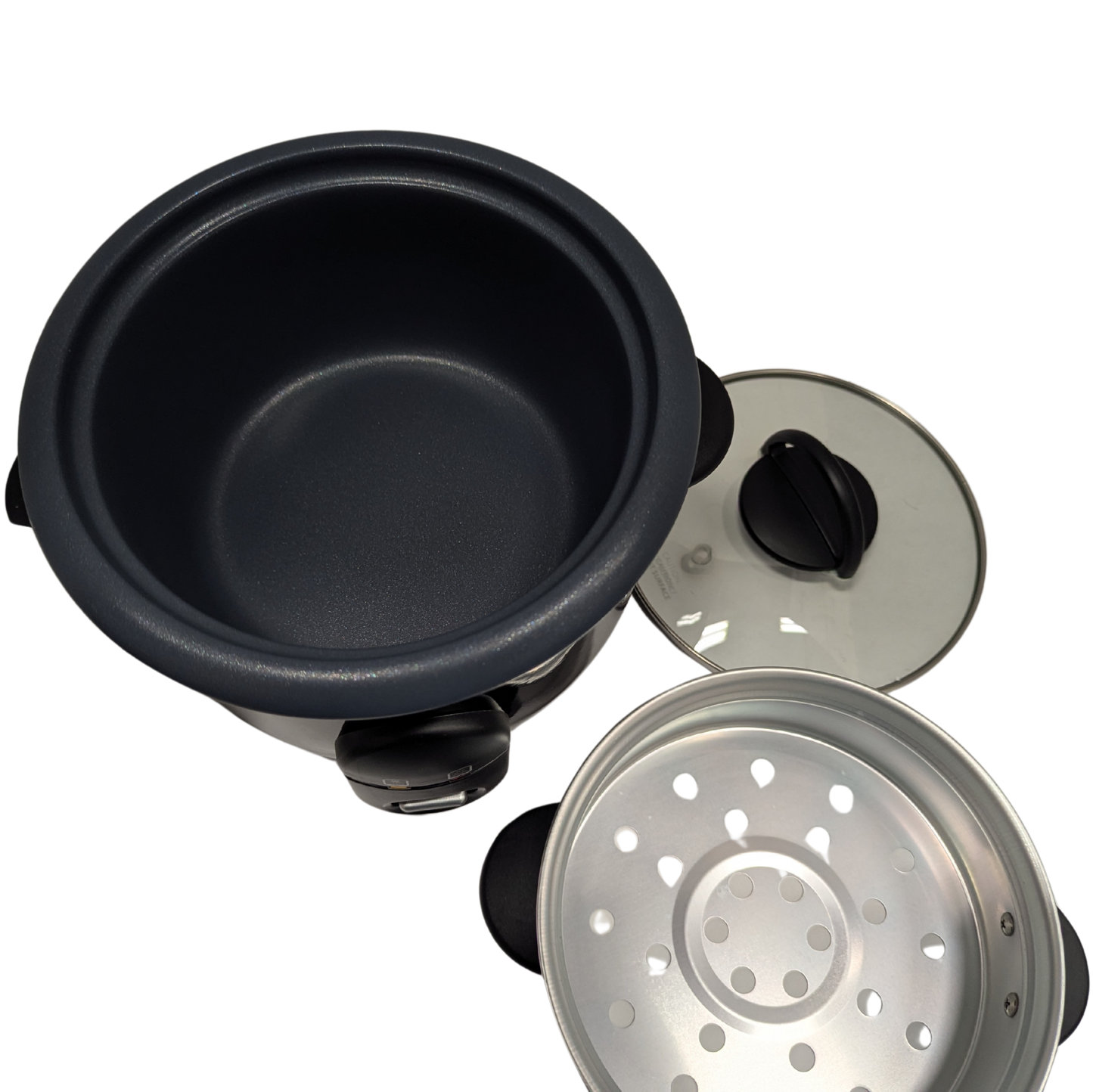 Black pot with a silver steamer basket on a white background