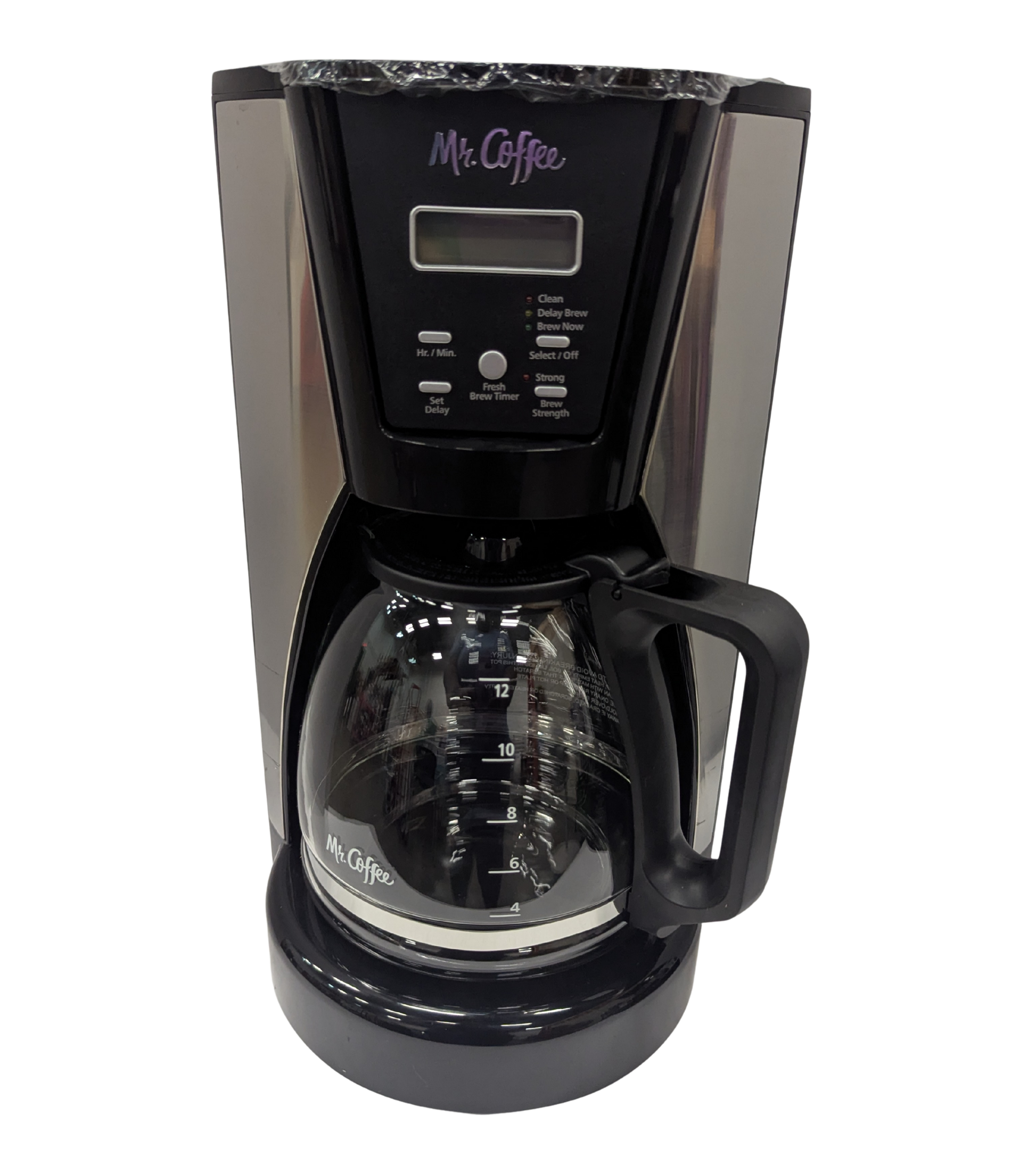 Black Mr. Coffee coffee maker on a white background