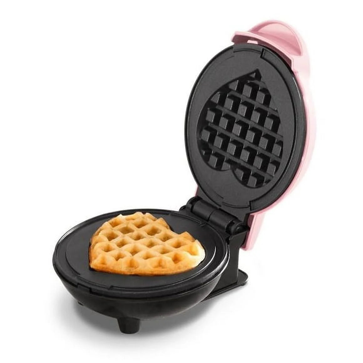 Heart-shaped waffle maker with a cooked waffle inside on a white background