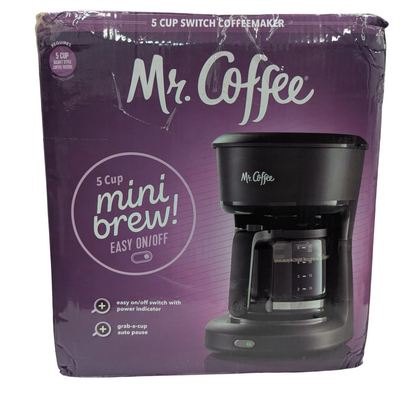 Mr. Coffee 5 cup mini brew coffee maker packaging on a white background