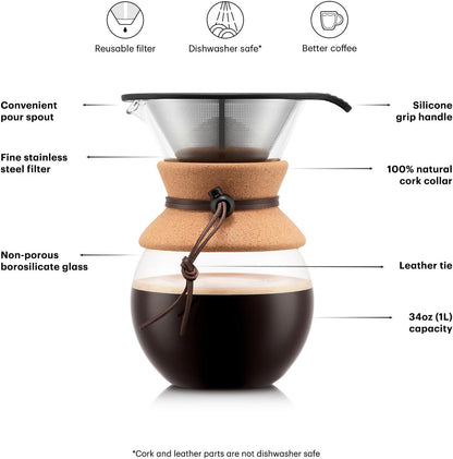 Coffee maker with features highlighted on a white background