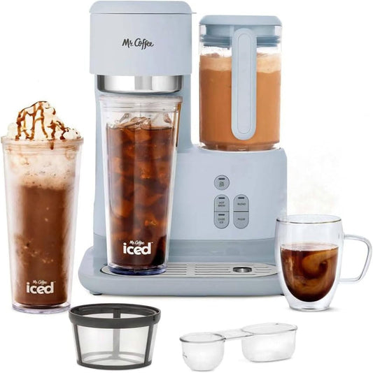Mr. Coffee iced coffee maker with various iced coffee drinks displayed around it.