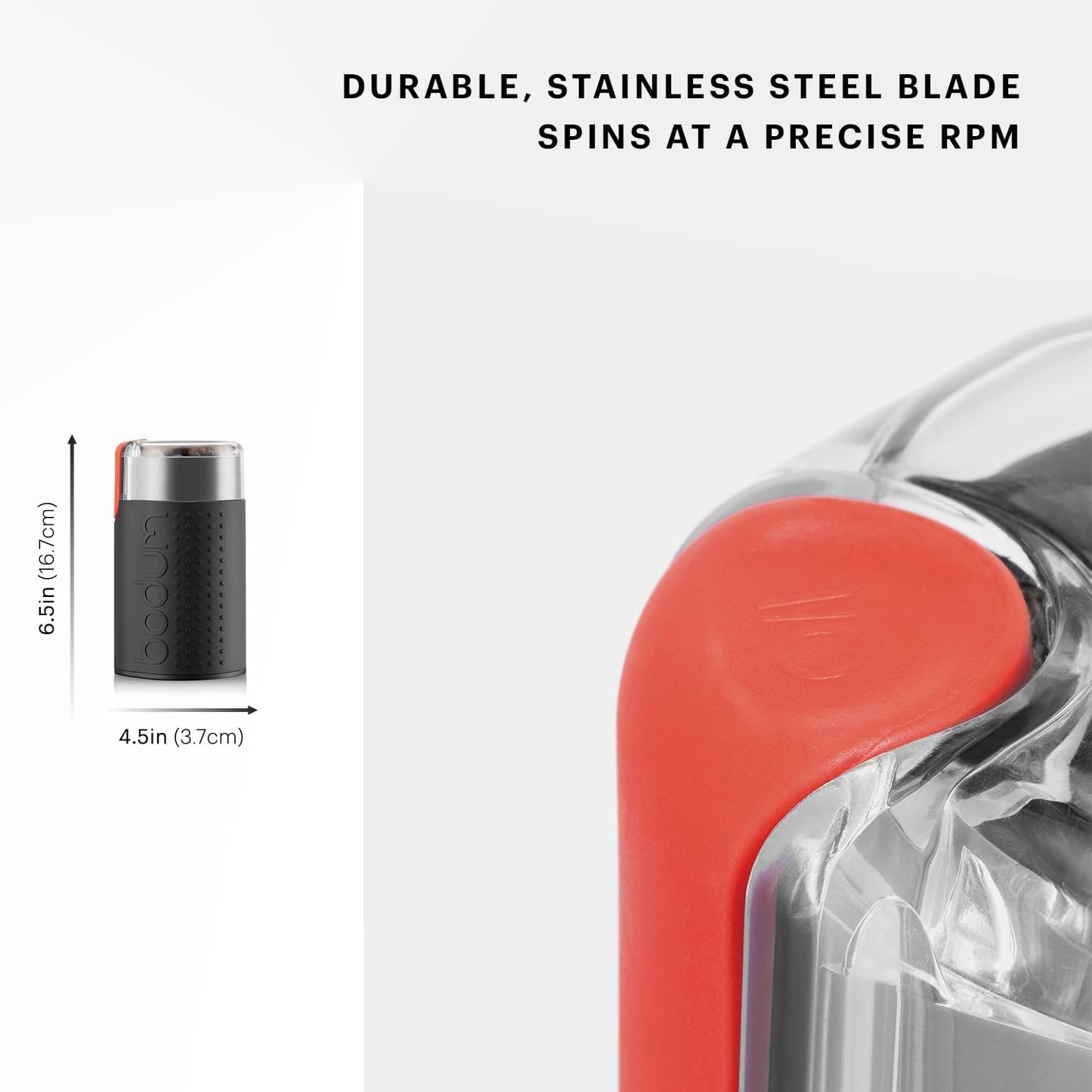 Red kitchen knife with measurements and text about blade durability on a white background