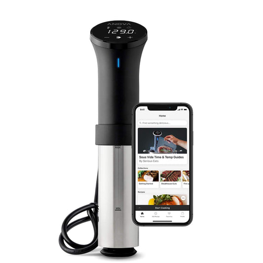 Anova Culinary Sous Vide Precision Cooker with smartphone displaying app interface on a white background