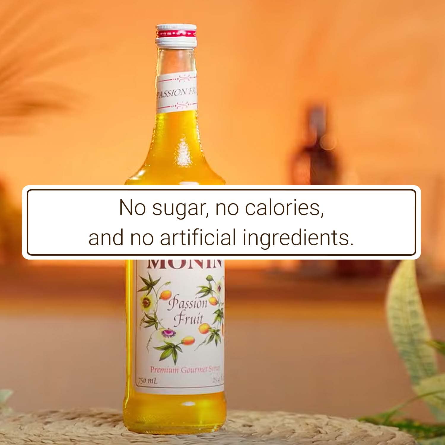 Bottle of Monin passion fruit syrup with a blurred background