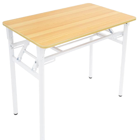 Wooden folding table with measurements on a white background