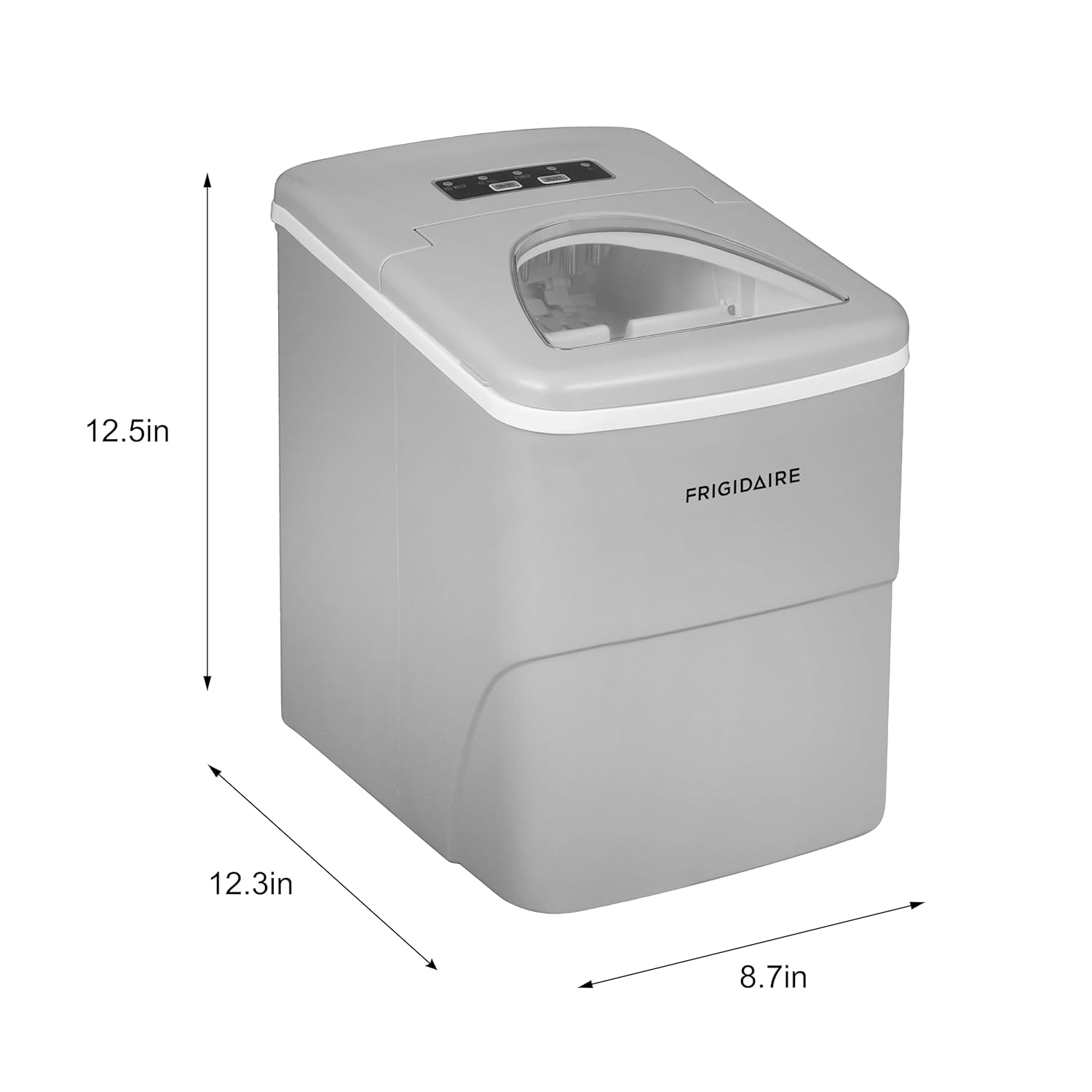 Gray Frigidaire ice maker with dimensions on a white background