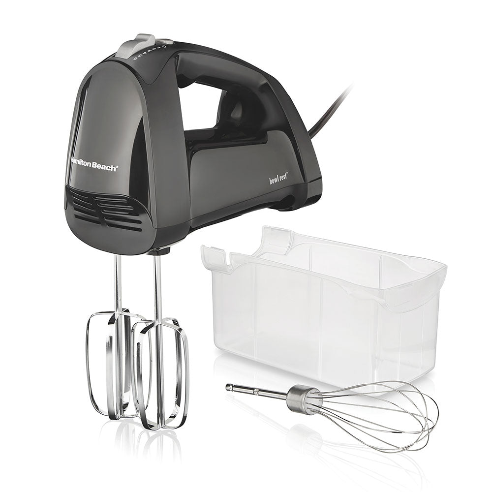 Hamilton Beach hand mixer with attachments on a white background