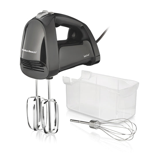 Hamilton Beach hand mixer with attachments on a white background