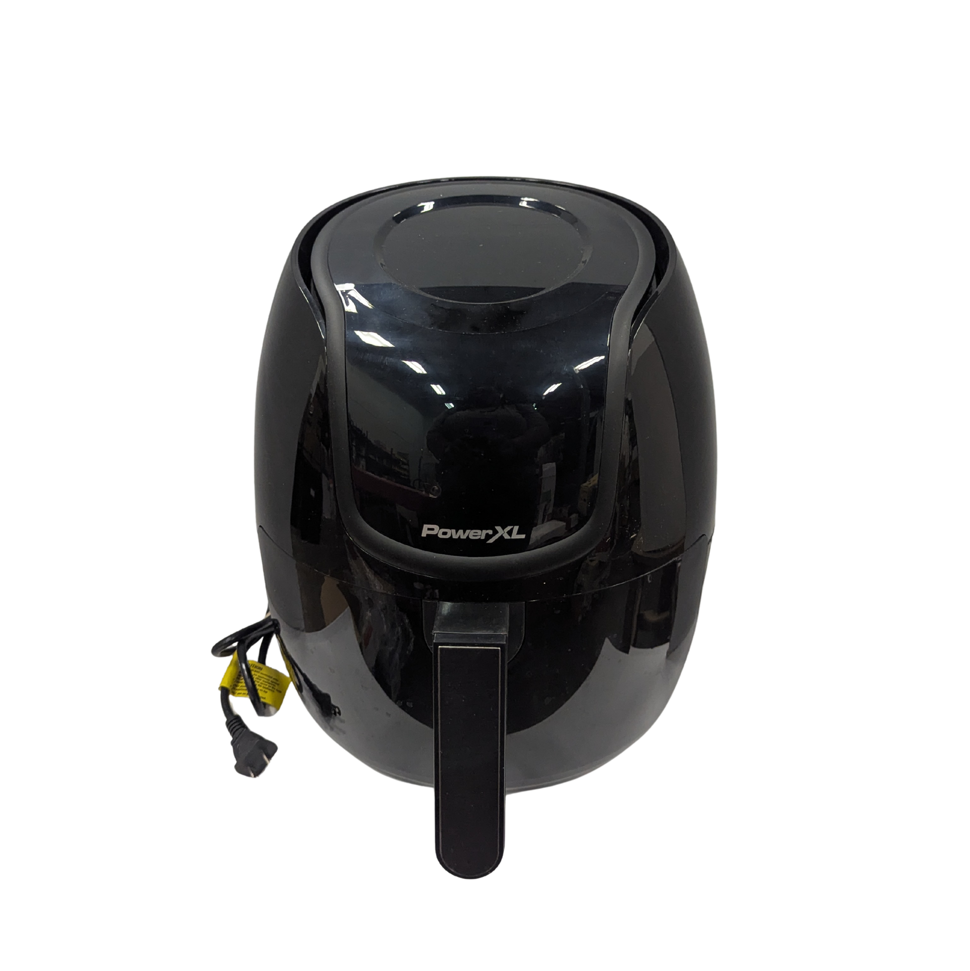 Black portable air fryer on a white background