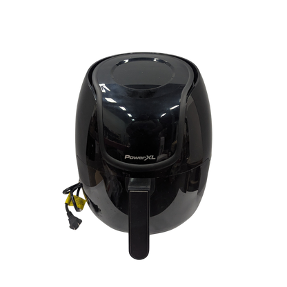 Black portable air fryer on a white background