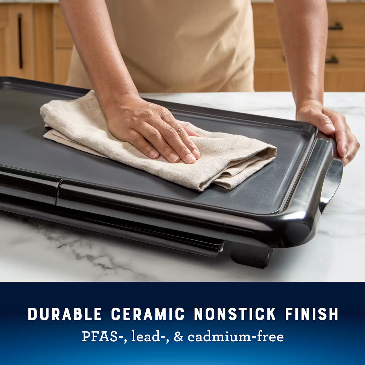 Person cleaning a ceramic nonstick cooktop with a cloth, with text highlighting the material's features.