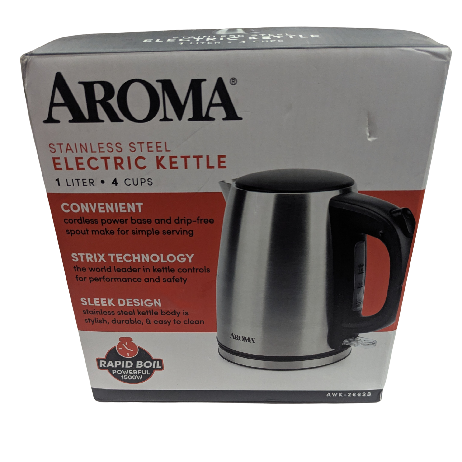 Aroma stainless steel electric kettle packaging on a white background