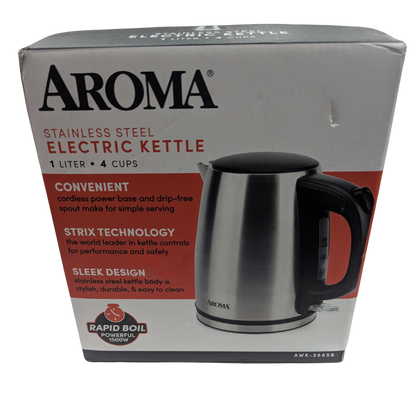 Aroma stainless steel electric kettle packaging on a white background