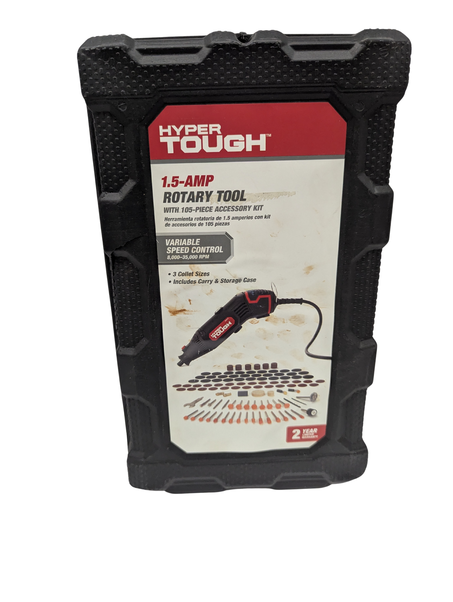 Hyper Tough rotary tool kit packaging with accessories on a white background