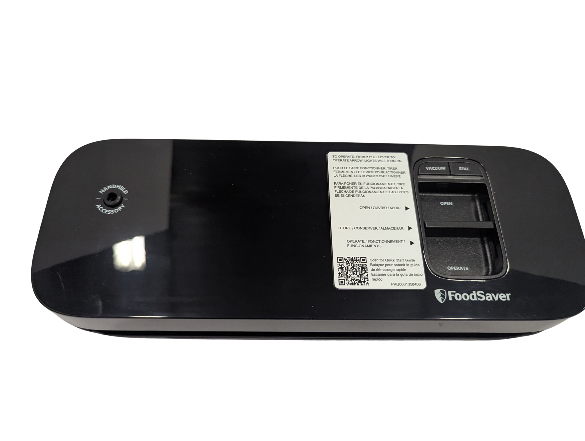Black FoodSaver machine with label on a white background