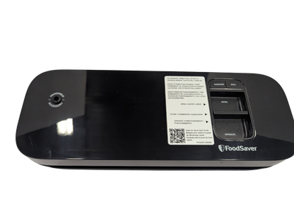 Black FoodSaver machine with label on a white background