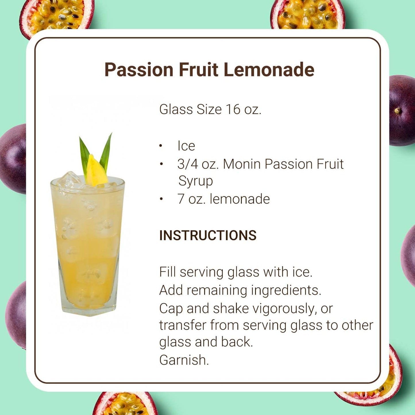 Passion Fruit Lemonade recipe card with ingredients and instructions on a light green background with passion fruits.