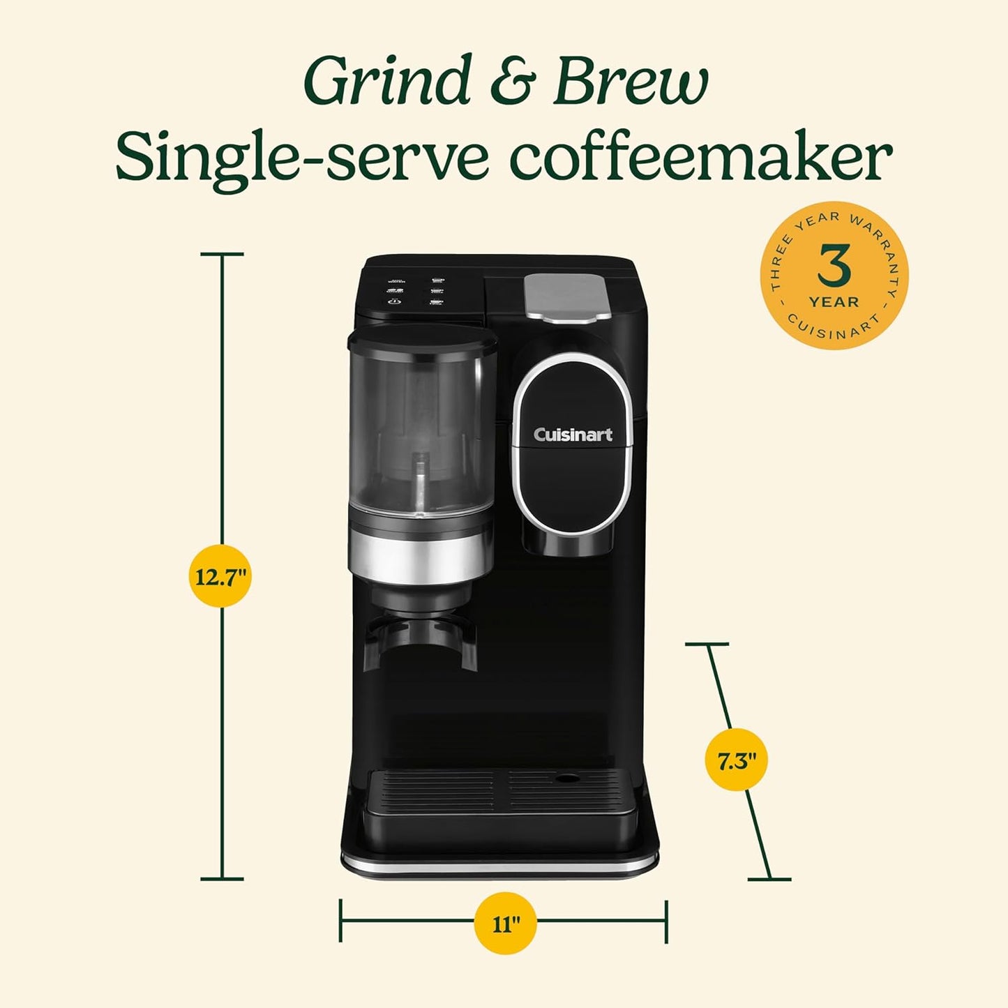 Cuisinart single-serve coffeemaker with dimensions and warranty information on a beige background