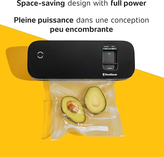 Black FoodSaver device with an avocado on a yellow background