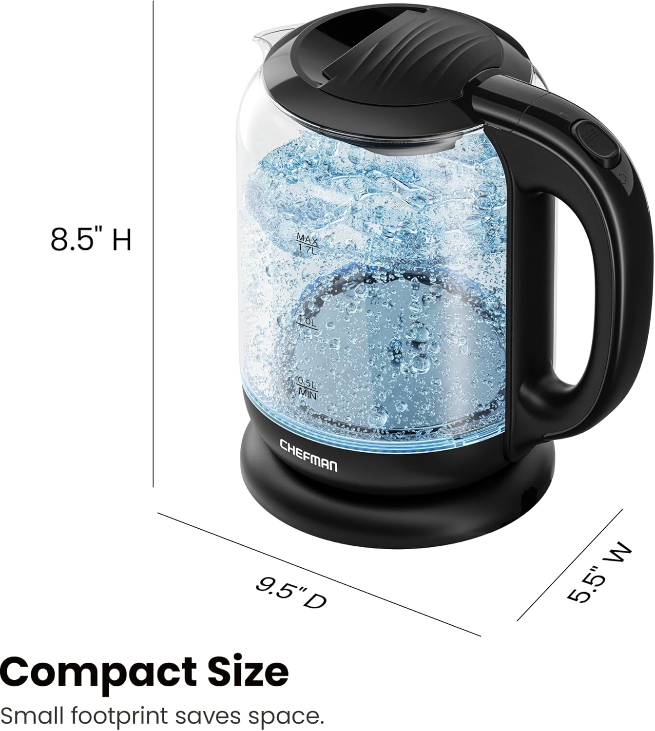 Glass electric kettle with black handle and base, filled with water, on a white background with dimensions displayed.