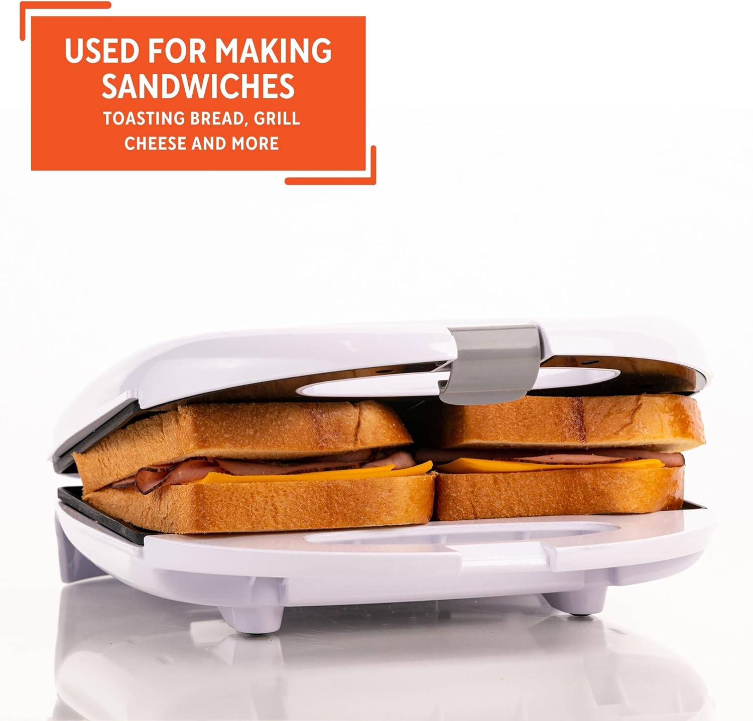 White sandwich maker with bread slices being toasted, on a white background with text about its uses.
