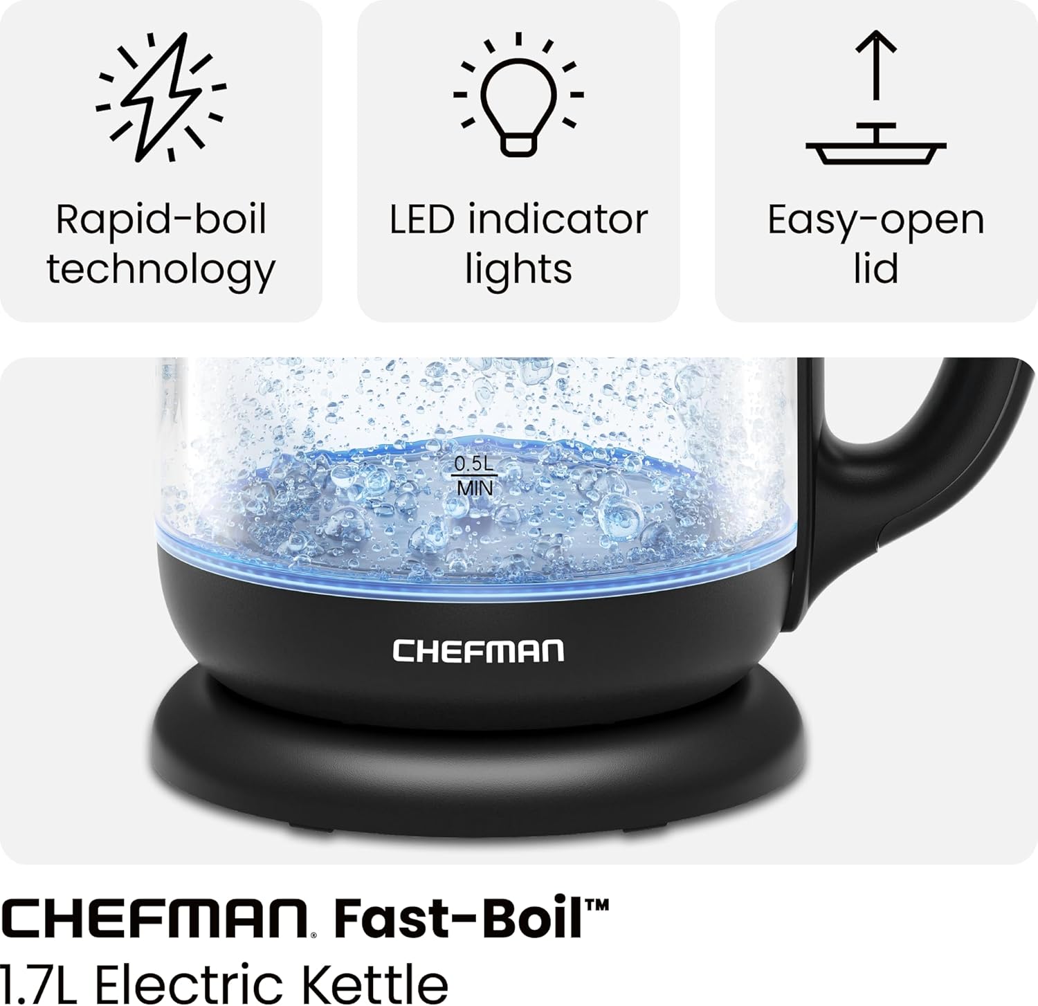 CHEFMAN electric kettle with features listed on a white background