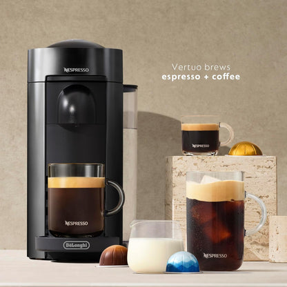 Nespresso coffee machine with various coffee beverages on a neutral background