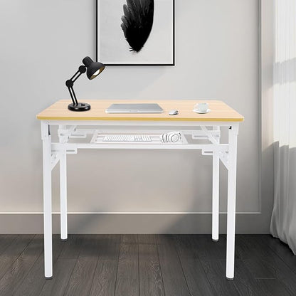 Wooden desk with white legs in a room setting