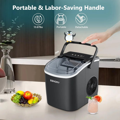 Portable ice maker with a detachable handle on a kitchen counter, surrounded by fruits and a drink.