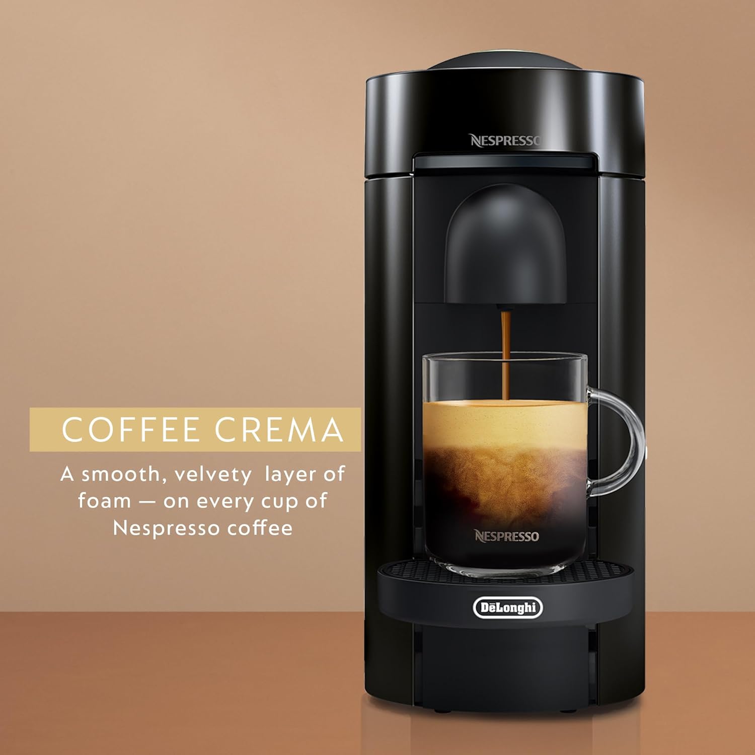 Nespresso coffee machine with a glass of coffee and text about coffee crema on a brown background
