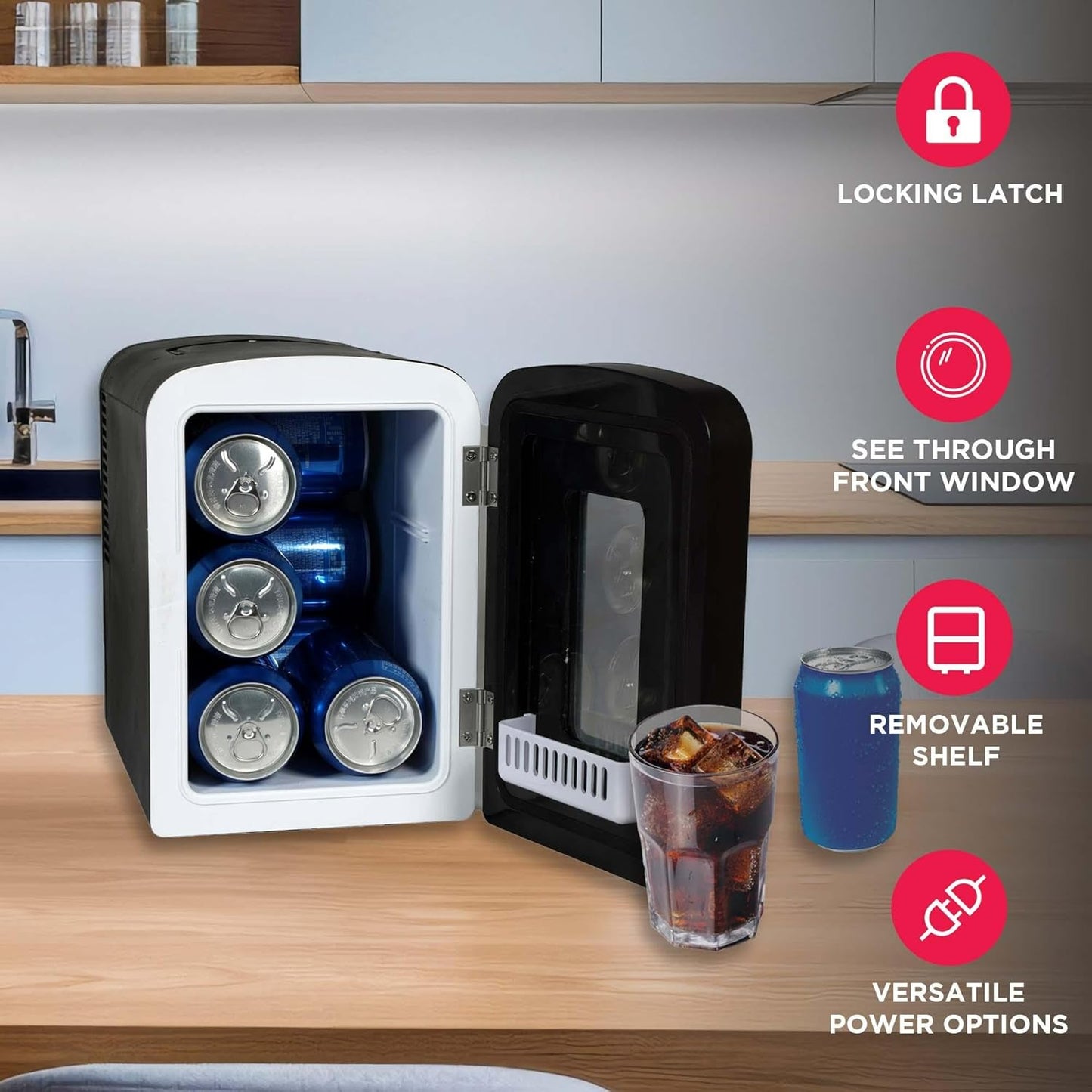 Portable cooler with beer bottles on a kitchen counter, featuring locking latch, see-through front window, removable shelf, and versatile power options.
