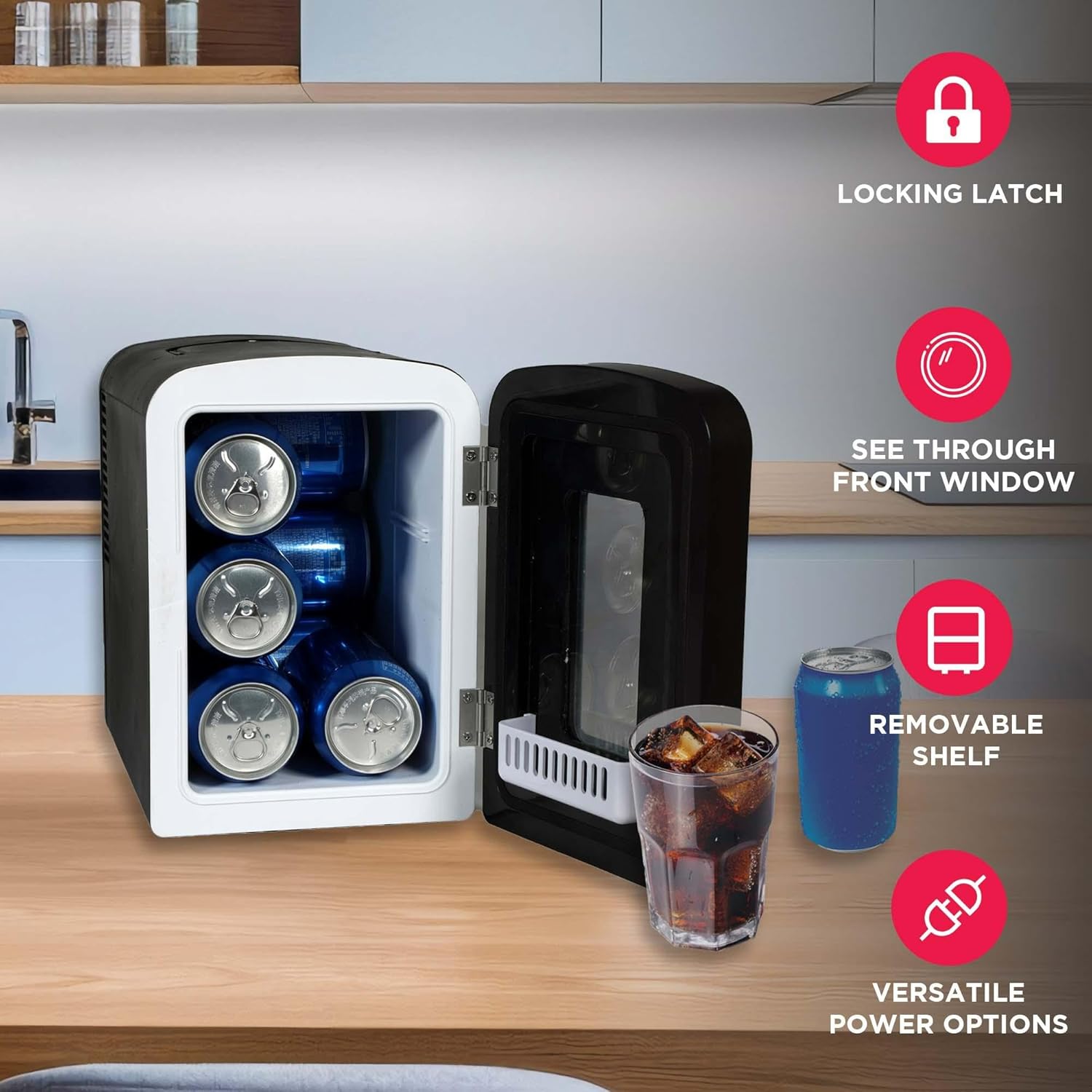 Portable cooler with beer bottles on a kitchen counter, featuring locking latch, see-through front window, removable shelf, and versatile power options.