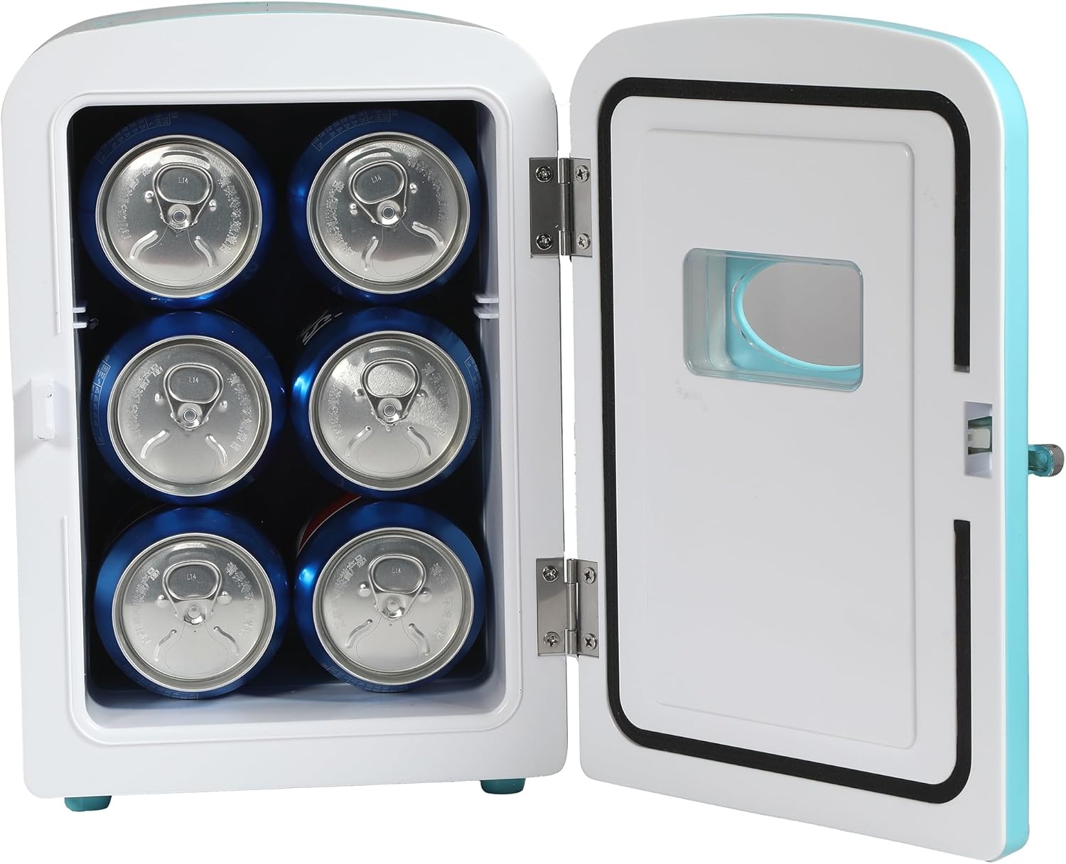 Small refrigerator with six cans inside, white exterior with blue interior.