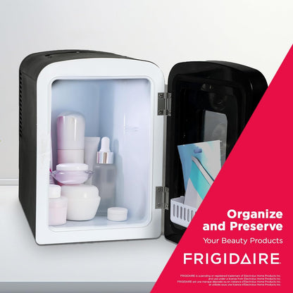 Small refrigerator with beauty products inside, branded as Frigidaire.