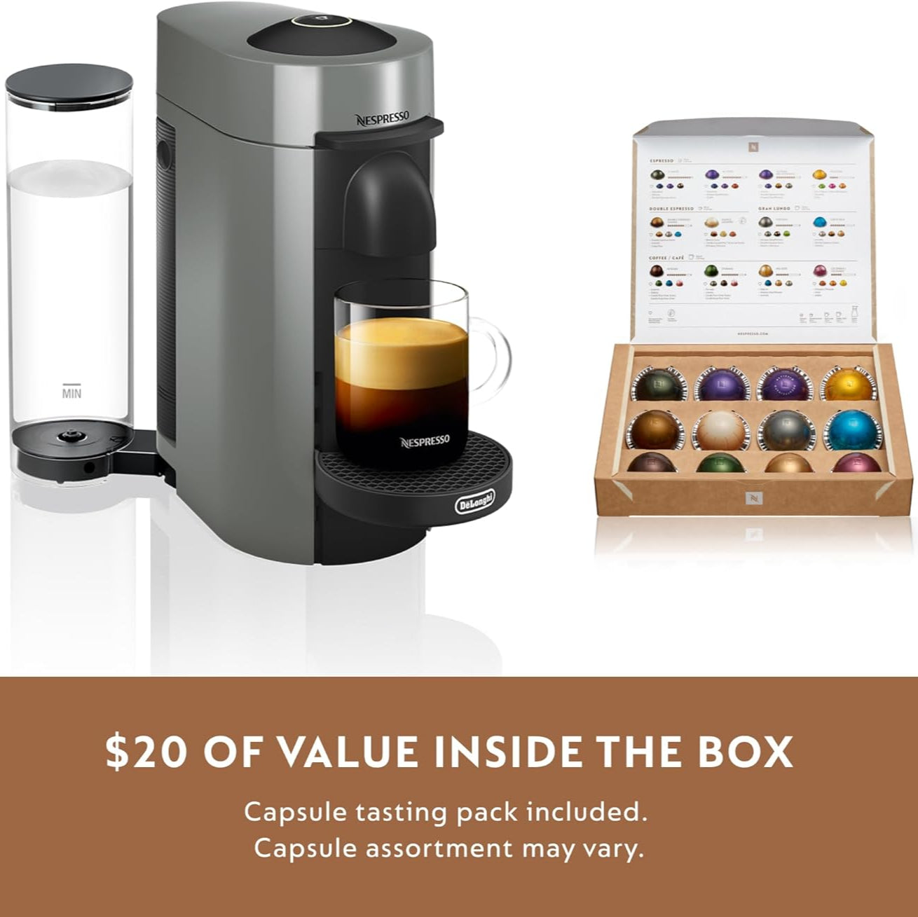 Nespresso coffee machine with a glass of coffee and a box of capsules on a white background.