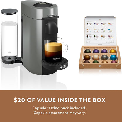 Nespresso coffee machine with a glass of coffee and a box of capsules on a white background.