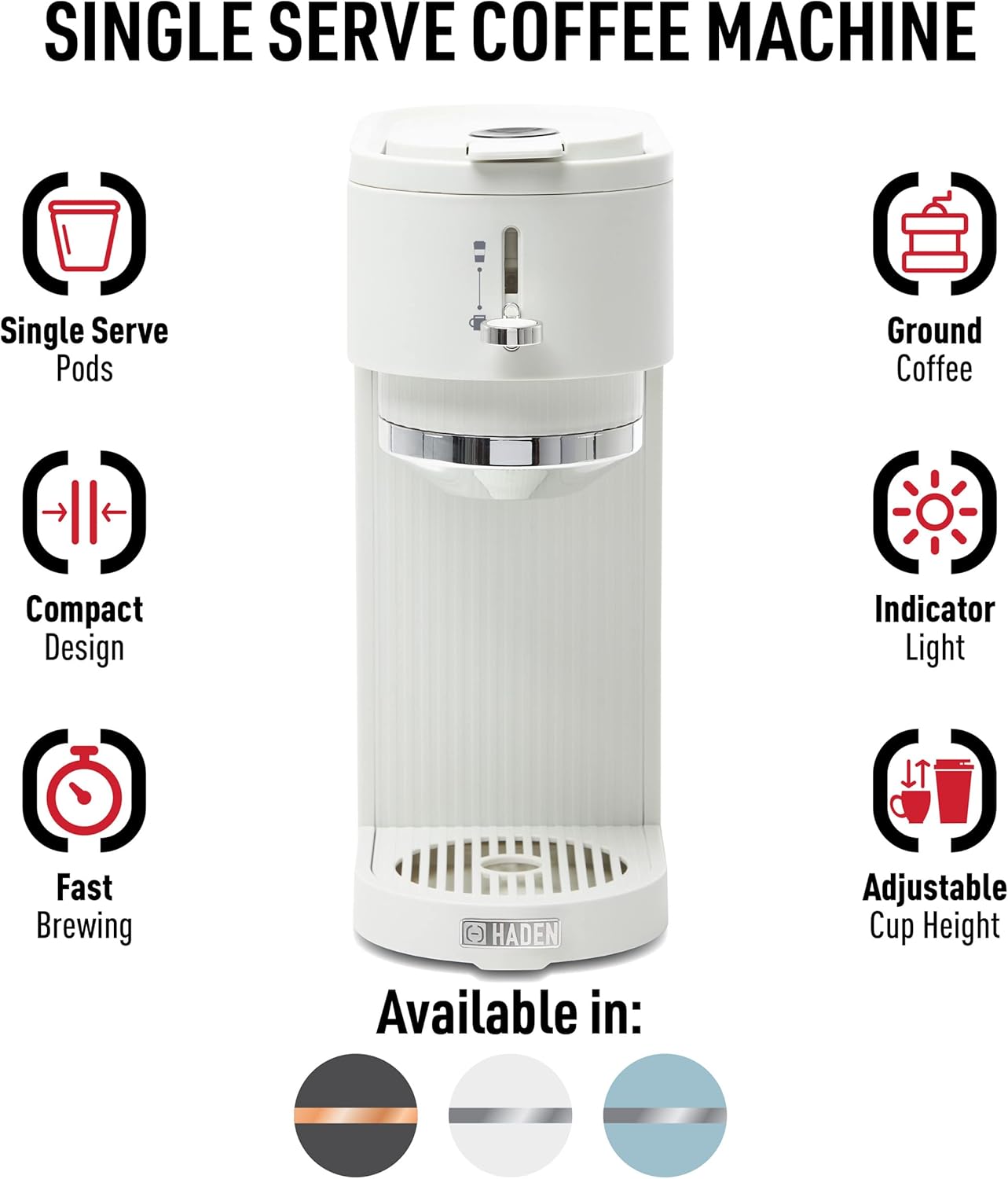 Single serve coffee machine with features listed on a white background
