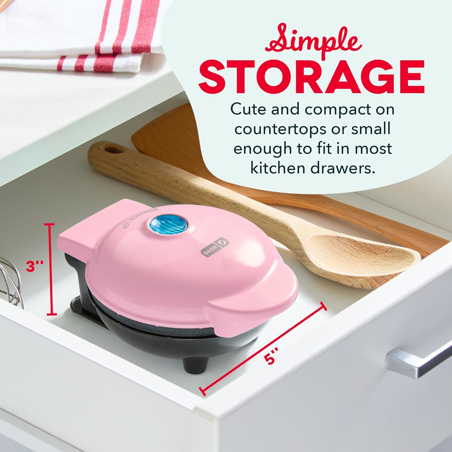 Pink appliance on a kitchen counter with text about storage
