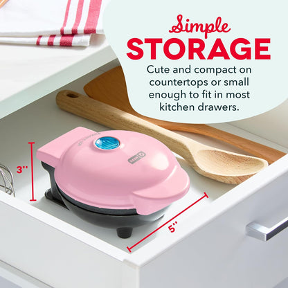 Pink appliance on a kitchen counter with text about storage
