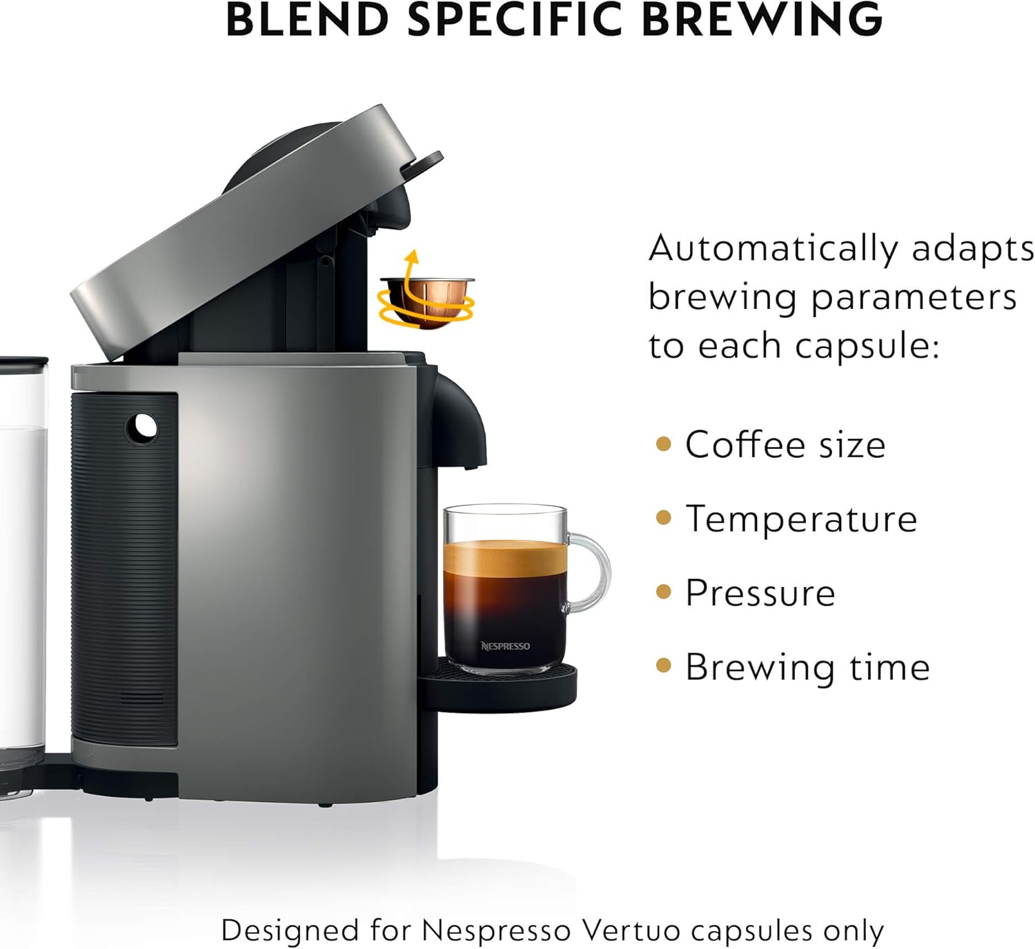 Nespresso coffee machine with a glass of espresso and text about customizable brewing parameters.